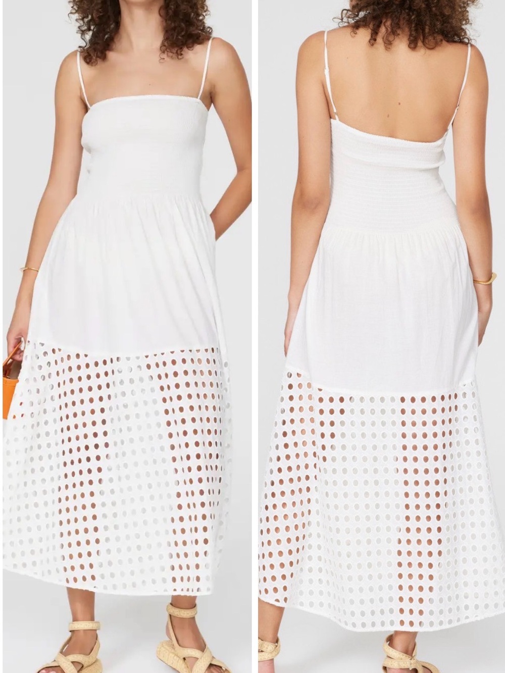 Solid & Striped Kennedy White Smocked Lace Cutout Midi Dress